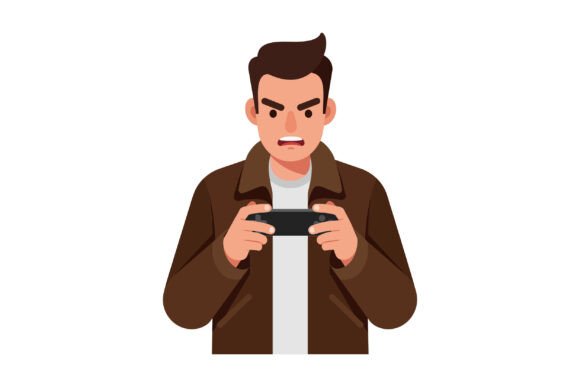 Angry Young Man Playing Video Game in Fl Graphics & Illustrations