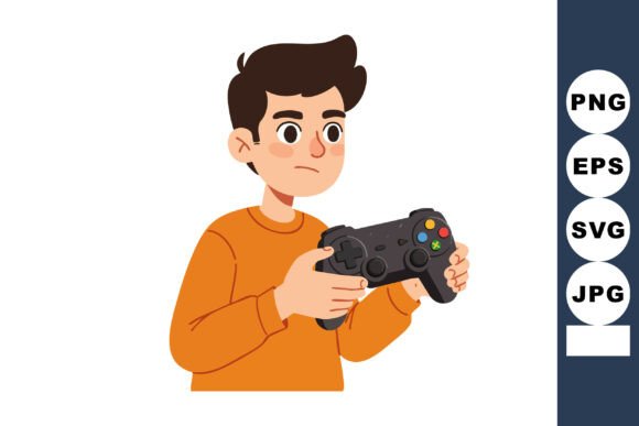 Boy Focused on Playing Video Game with B - Illustration for Crafting