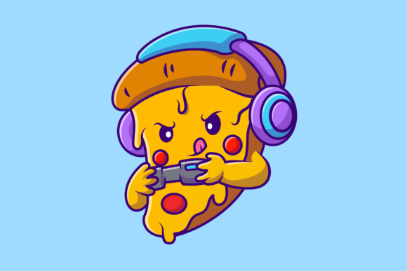 Cute Pizza Gaming Cartoon Illustration for Graphics and Illustrations