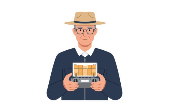 Elderly Man with Glasses Holding Video Game Graphics