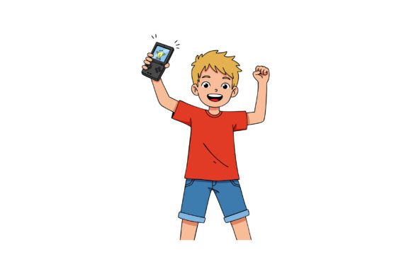 Excited Boy Holding Handheld Gaming Cons Illustration