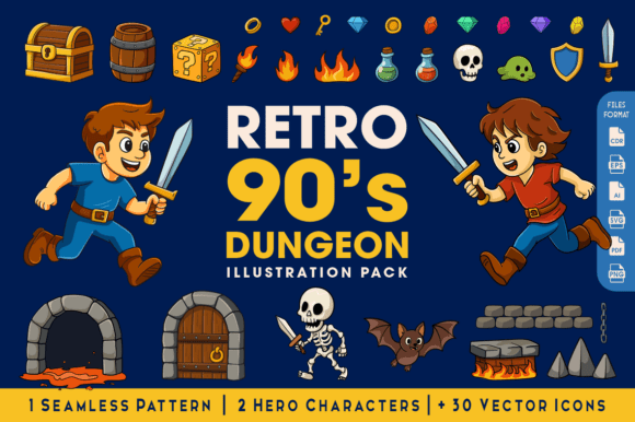 Retro 90s Dungeon Illustration Pack for Graphics and Illustrations