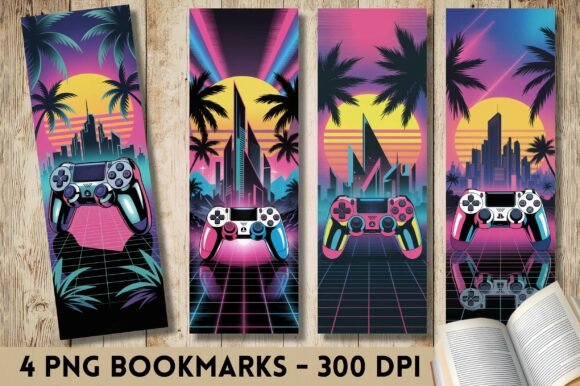 Retro Sunset Gaming City Bookmarks - Print Templates & Graphics