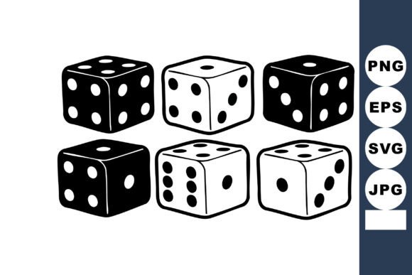 Six Black and White Dice Showing Different