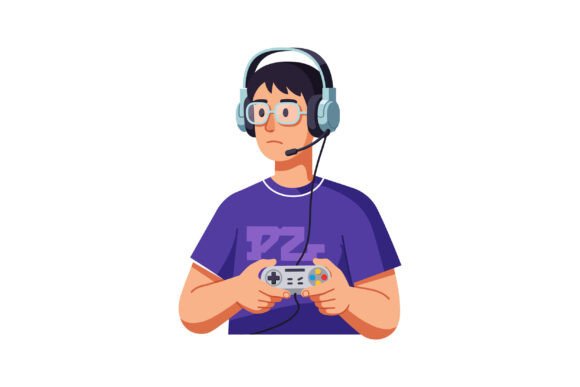 Young Man Focused on Gaming While Wearing Illustration
